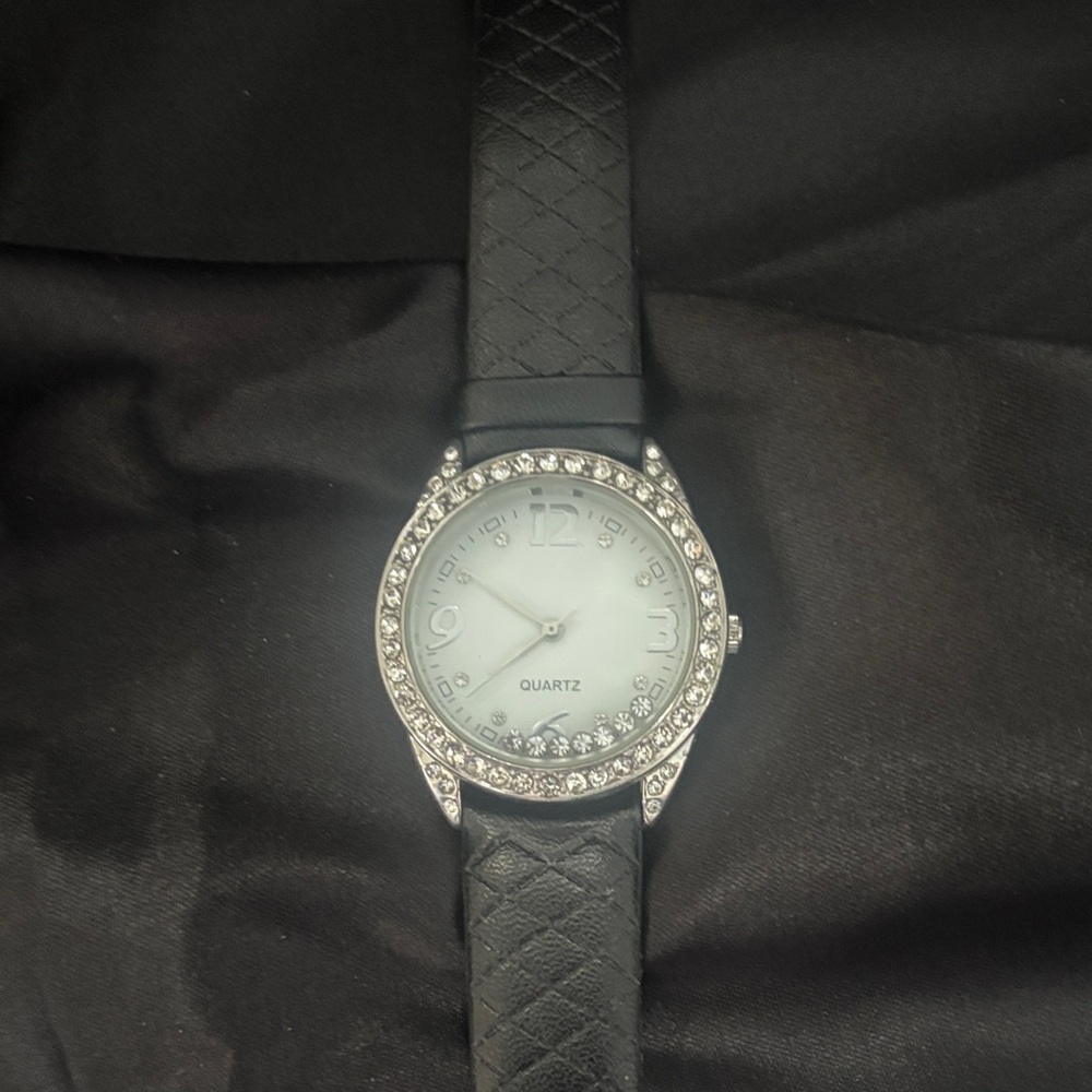 Quartz Crystal-Accent Women's Black Leatherette Watch